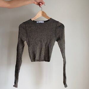 Sparkly gold and dark blue cropped long sleeve, M